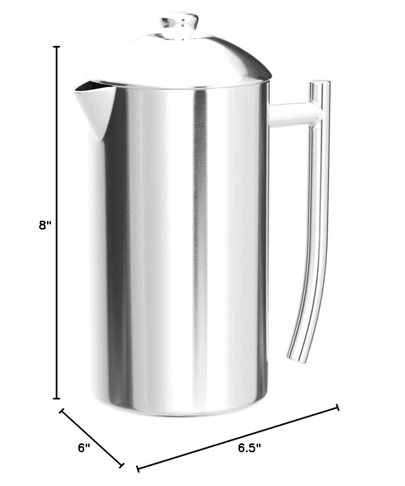 Stainless steel coffee press with dimensions indicated on a white background