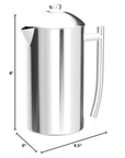 Stainless steel coffee press with dimensions indicated on a white background