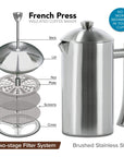 Stainless steel French press coffee maker with labeled parts on a white background
