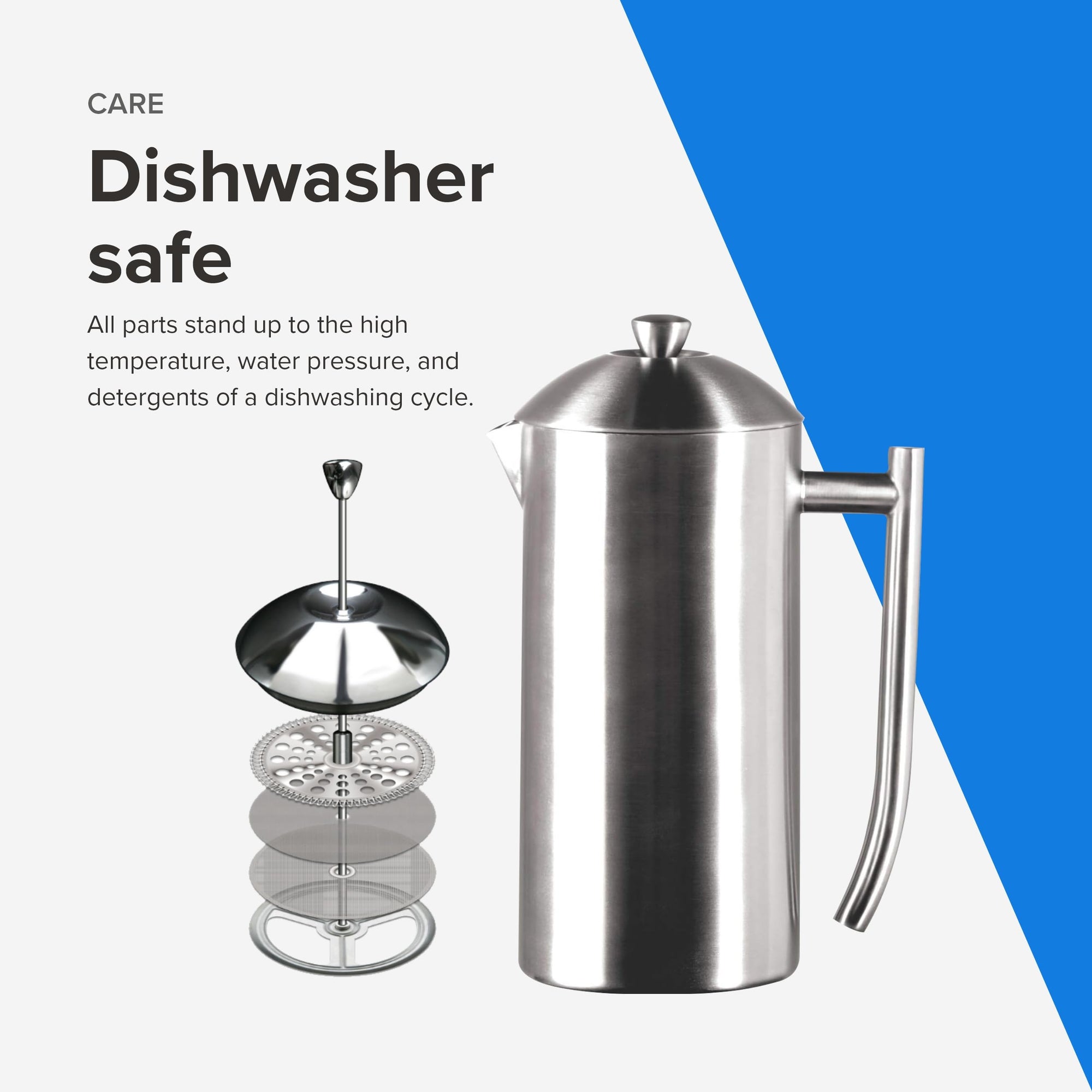 Stainless steel French press with filter basket on a white and blue background, featuring text about dishwasher safety.