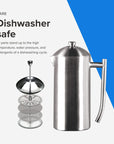 Stainless steel French press with filter basket on a white and blue background, featuring text about dishwasher safety.