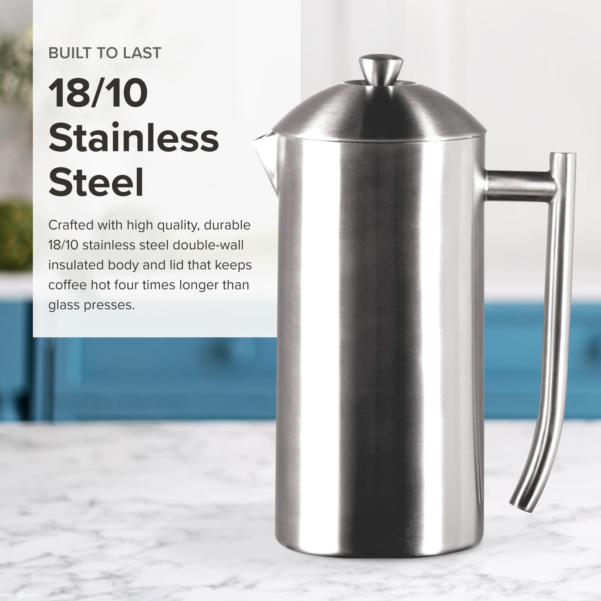 Stainless steel coffee press on a marble surface with text about its material and durability.