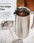 Stainless steel coffee filter pitcher with text on a marble surface