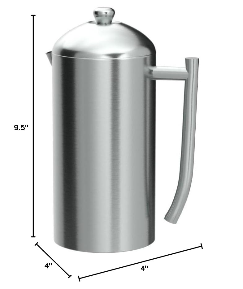 Stainless steel French press with dimensions indicated on a white background