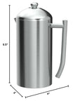 Stainless steel French press with dimensions indicated on a white background