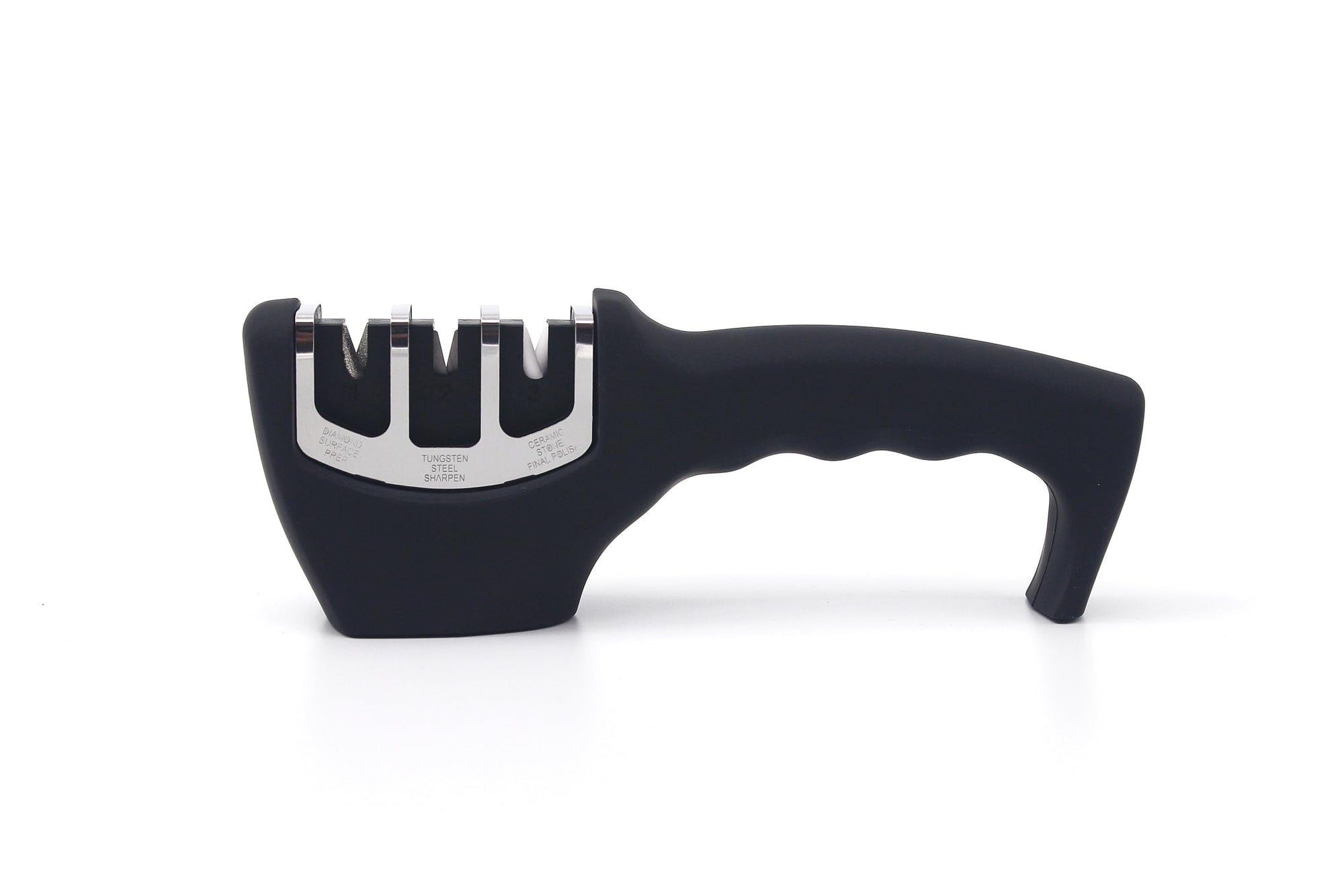 Knife sharpener with black handle and silver blades on a white background