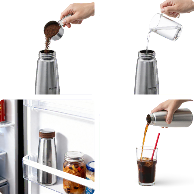 Four-panel demonstration of a stainless steel vacuum flask: coffee grounds poured in, water poured into it, kept in an open refrigerator door, and hot coffee poured into a glass with ice. A hand is visible in some panels.