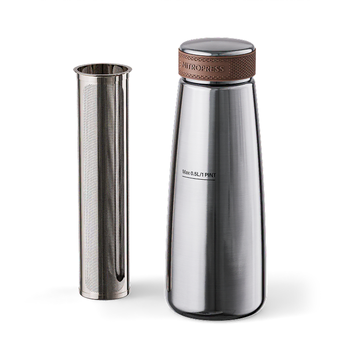 A stainless steel travel tumbler with a matching metal travel sleeve, shown on a clean white background. The tumbler features a textured brown leather accent band around the lid and the brand name 'Nitropress' printed on the lid.