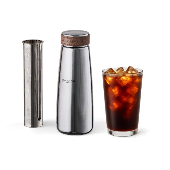 A stainless steel iced coffee maker set with a tall insulated carafe, a metal strainer, and a glass of iced coffee with ice on a white background.