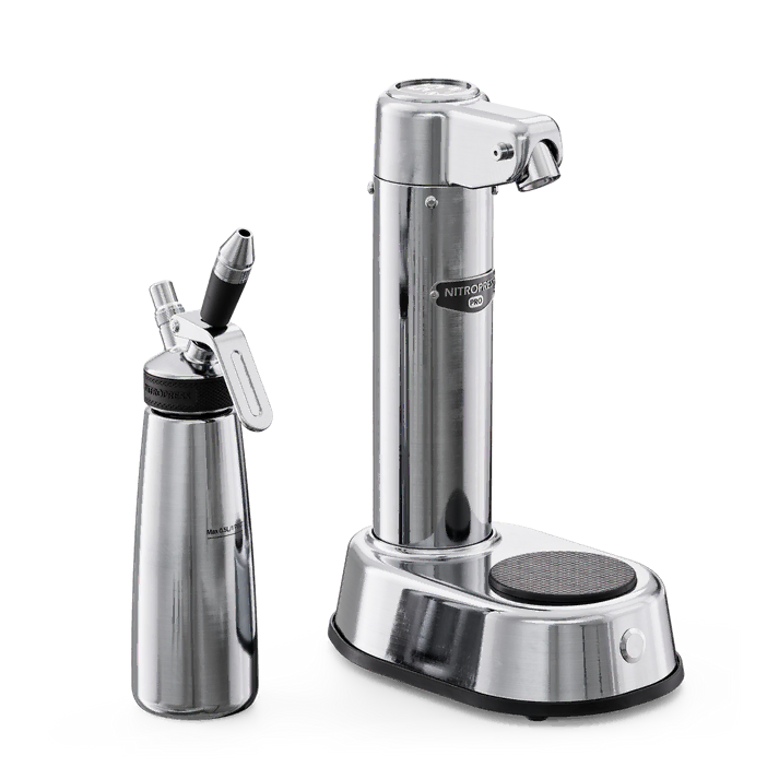 A stainless steel special coffee machine next to dispenser on a white background.
