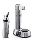 A stainless steel special coffee machine next to dispenser on a white background.