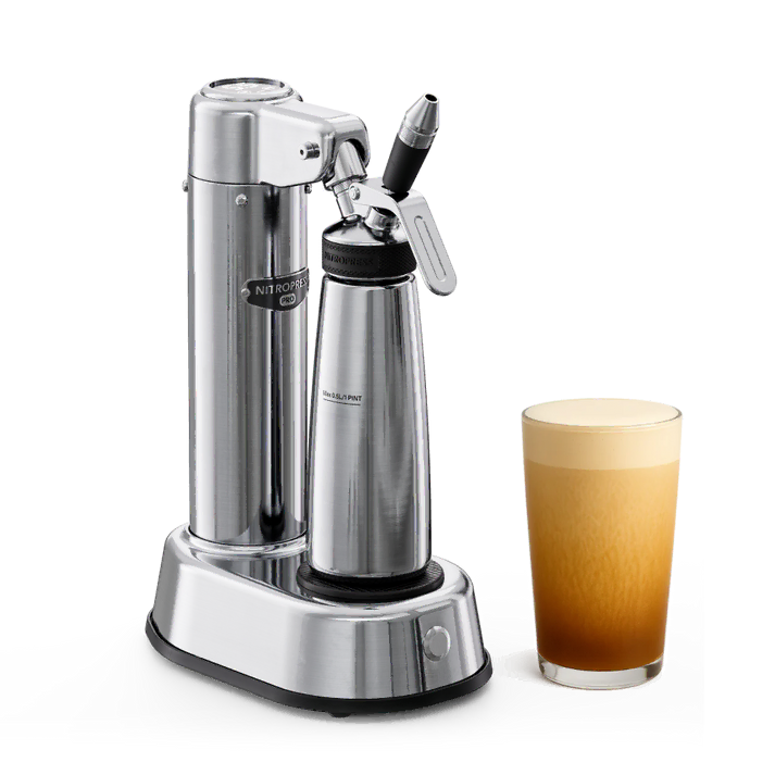 A stainless steel special coffee machine, shown alongside three prepared coffee drink in glasses on a white background.