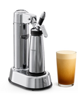 A stainless steel special coffee machine, shown alongside three prepared coffee drink in glasses on a white background.