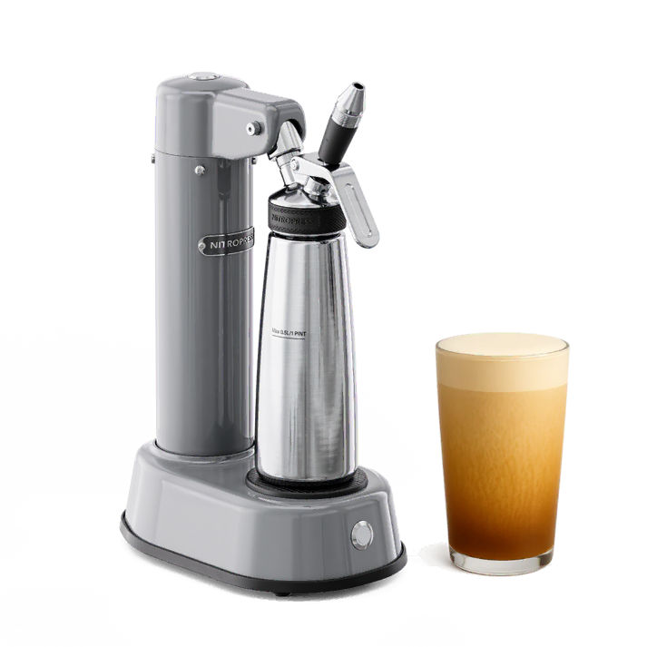 A slate grey Electric Nitro Cold Brew Coffee & Cocktail Maker Machine next to a glass of creamy coffee displayed on a white background