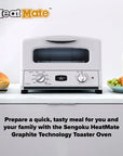 Sengoku HeatMate Graphite Technology white Toaster Oven with food items on a white background
