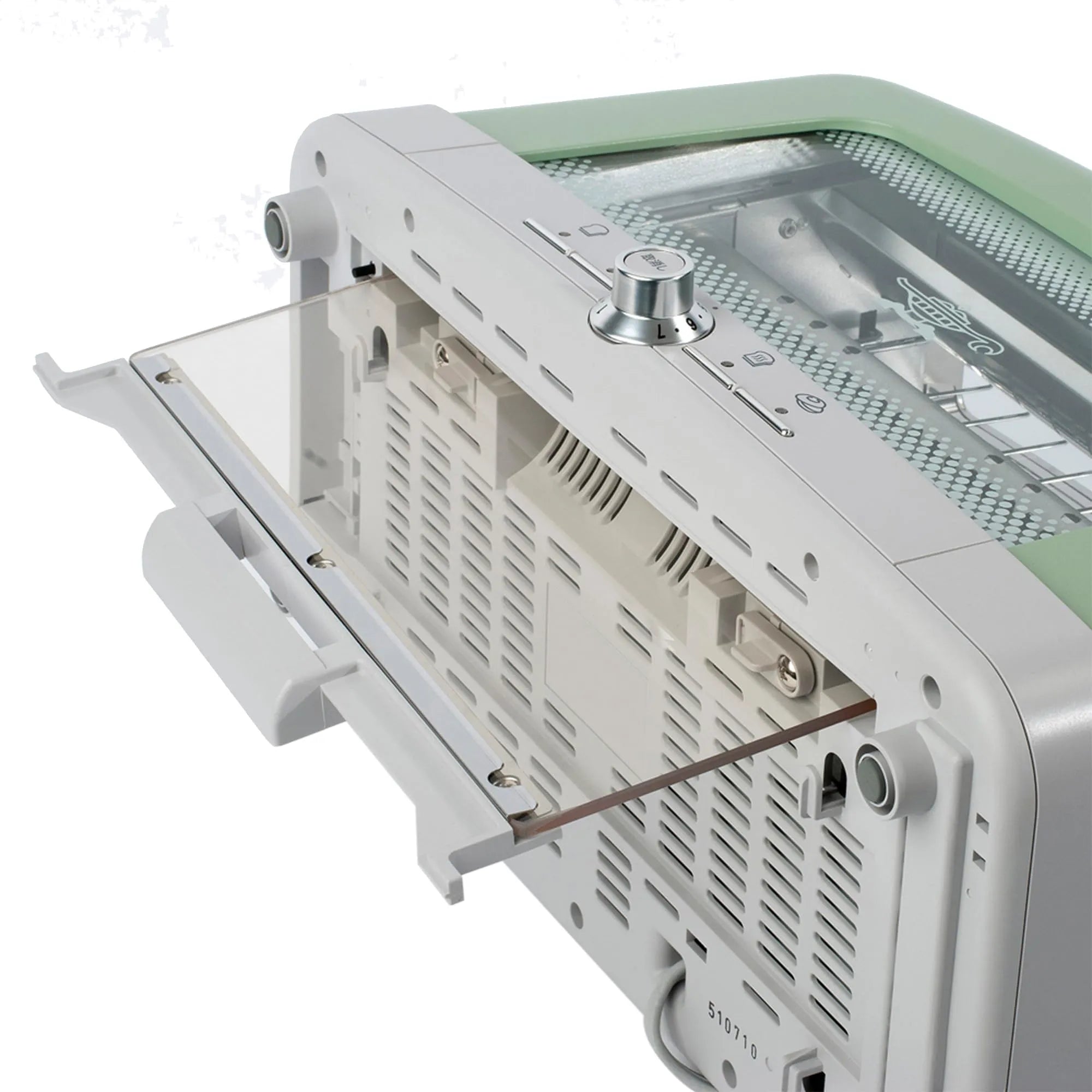 Close-up of a toaster with a white and green color scheme on a white background