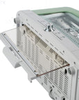 Close-up of a toaster with a white and green color scheme on a white background