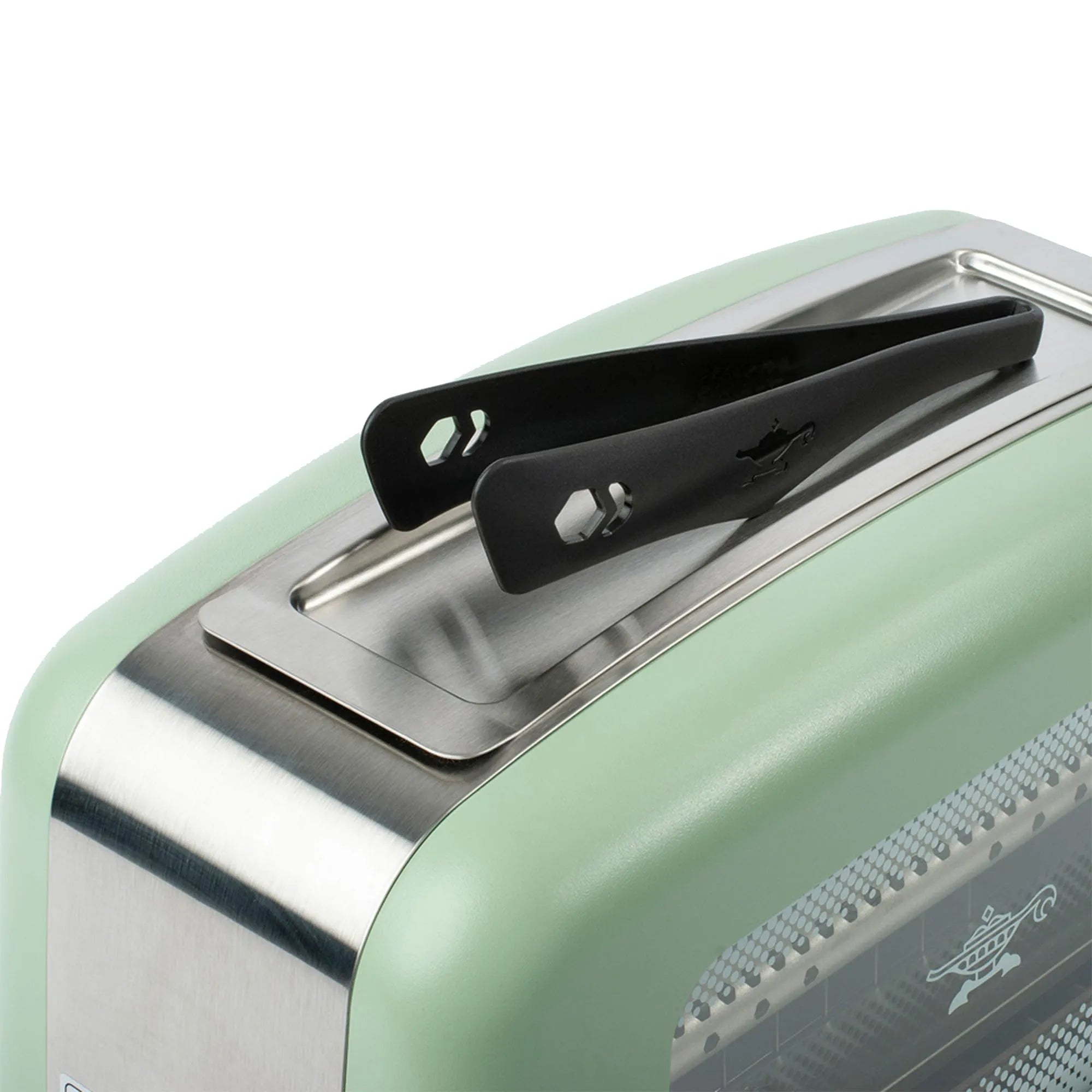 Green toaster with a black tong displayed on top