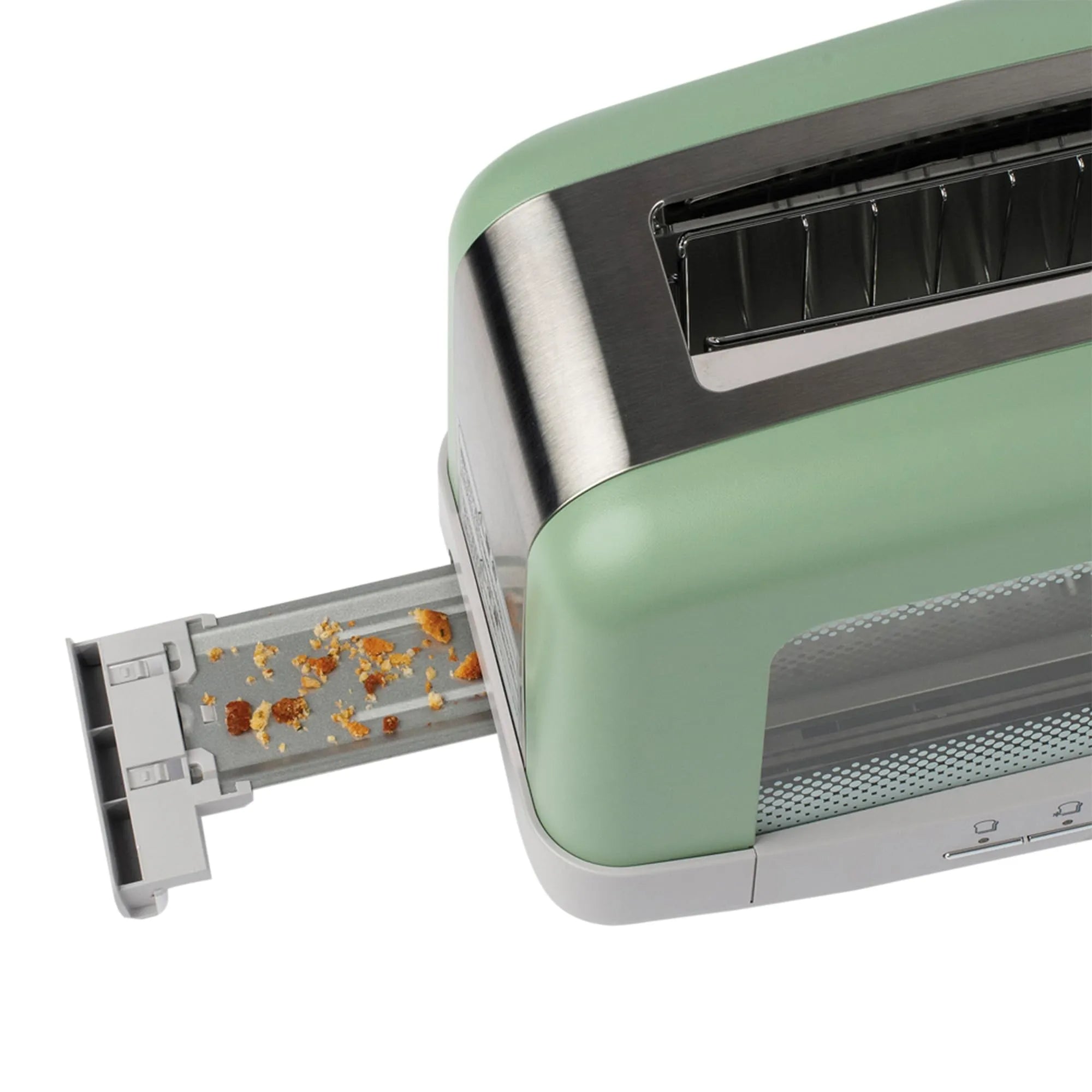 Green toaster with a crumb tray on a white background