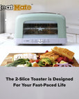 Green toaster on a kitchen counter with food and 'Heat Mate' branding.