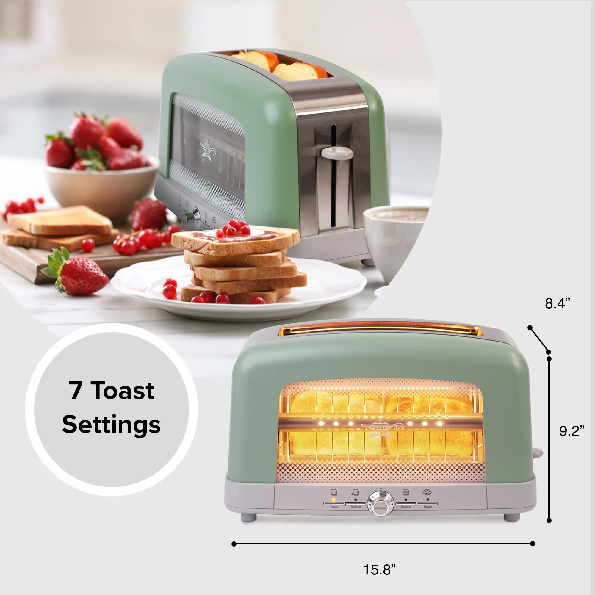 Green toaster with toast settings and dimensions displayed, surrounded by a kitchen setting.