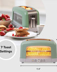 Green toaster with toast settings and dimensions displayed, surrounded by a kitchen setting.