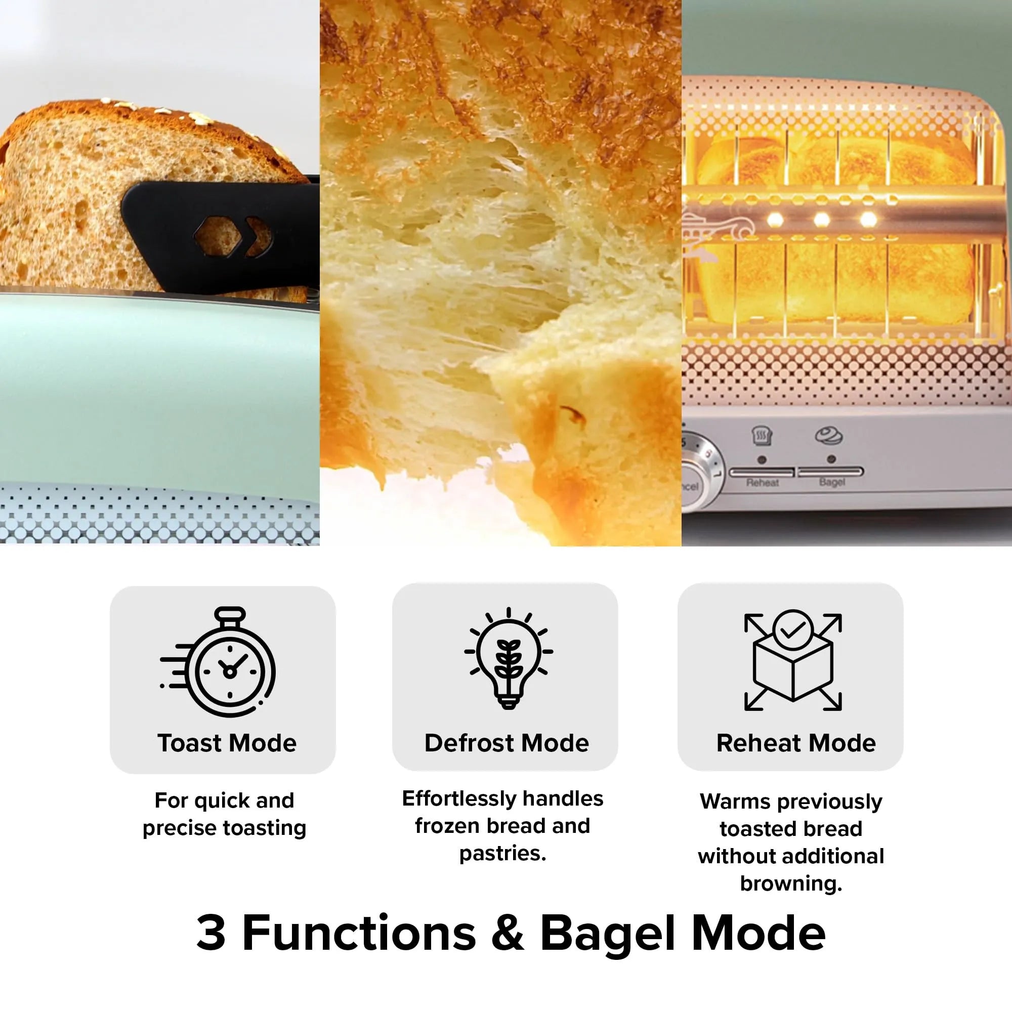 Toaster with slices of bread, close-up of bread texture, and toaster's interior. Features 'Toast Mode', 'Defrost Mode', and 'Reheat Mode'.