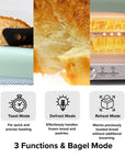 Toaster with slices of bread, close-up of bread texture, and toaster's interior. Features 'Toast Mode', 'Defrost Mode', and 'Reheat Mode'.