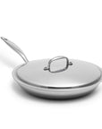 Stainless steel frying pan with lid on a white background