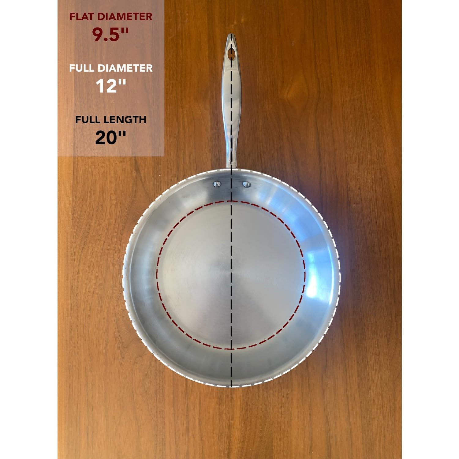 Stainless steel frying pan on a wooden surface with measurements displayed.