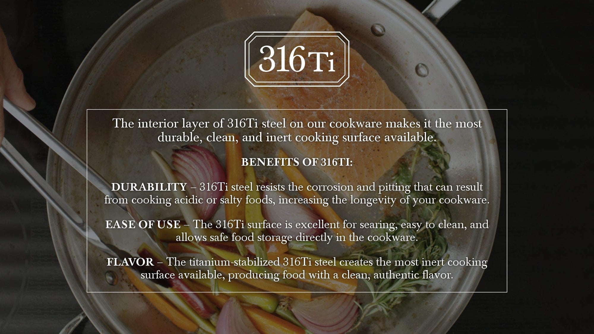 Cookware with 316Ti steel text overlay with cooked food and skillet in the background