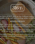 Cookware with 316Ti steel text overlay with cooked food and skillet in the background
