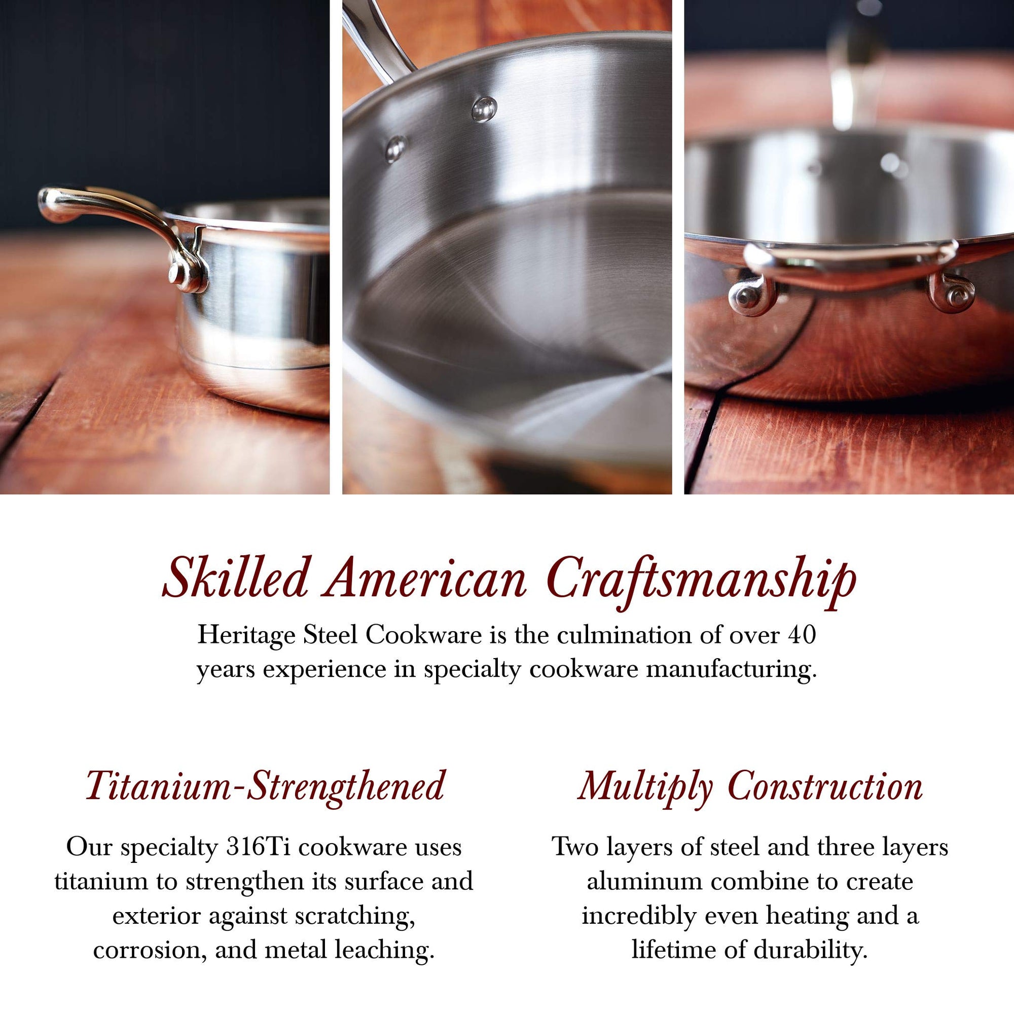 Stainless steel cookware set on a wooden surface with text highlighting skilled American craftsmanship.