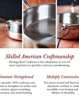 Stainless steel cookware set on a wooden surface with text highlighting skilled American craftsmanship.