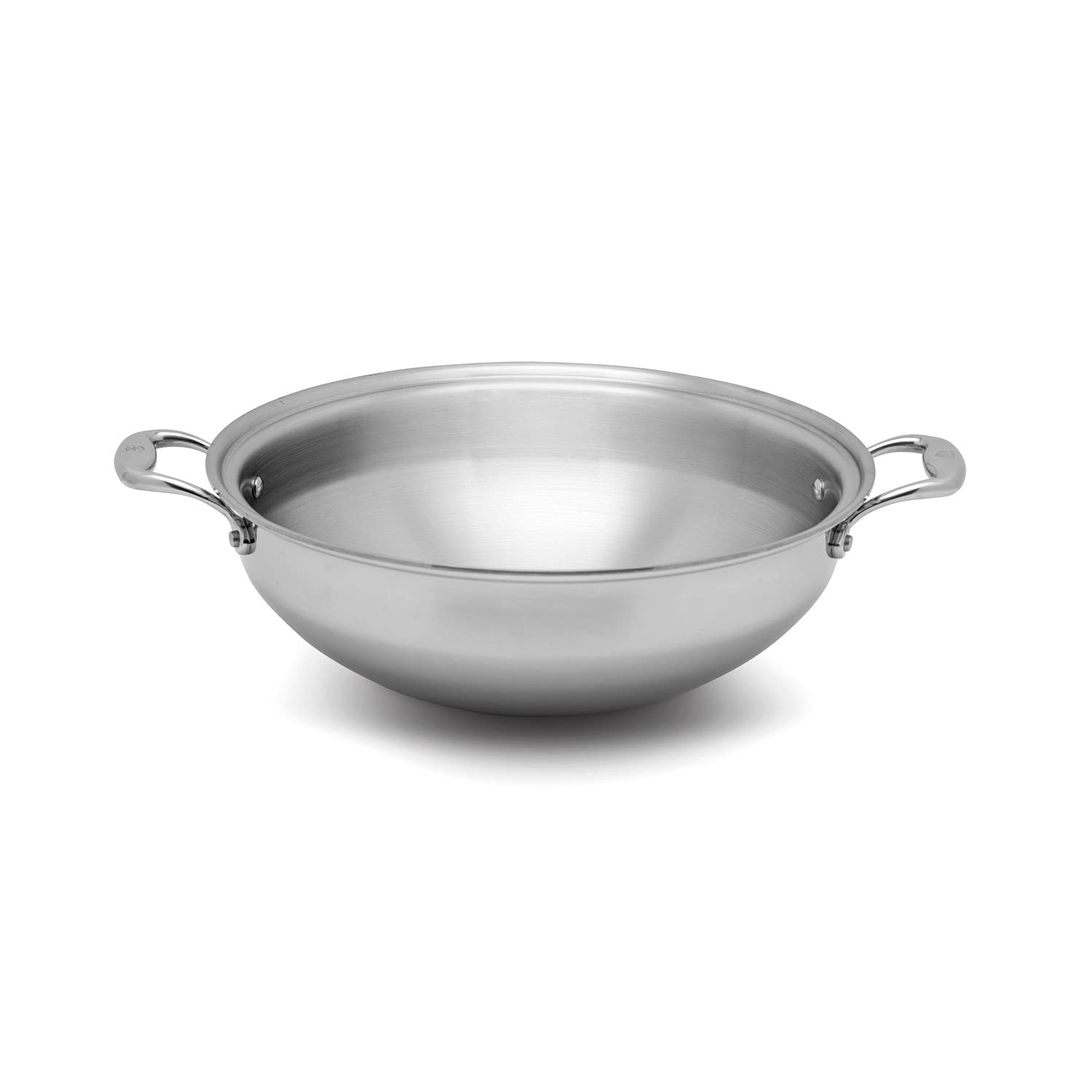 Stainless steel wok with handles on a white background