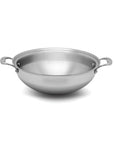 Stainless steel wok with handles on a white background