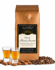 1 lb J.L. Hufford decaf Almond Amaretto coffee bag with two shot glasses of coffee, coffee beans, and almonds on a white background