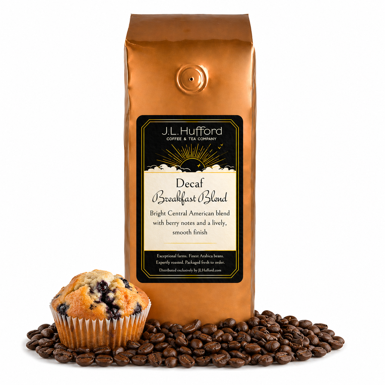 1 lb Decaf Breakfast Blend Coffee bag labeled 'J.L. Hufford' with a muffin and coffee beans on a white background
