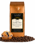 1 lb Decaf Breakfast Blend Coffee bag labeled 'J.L. Hufford' with a muffin and coffee beans on a white background