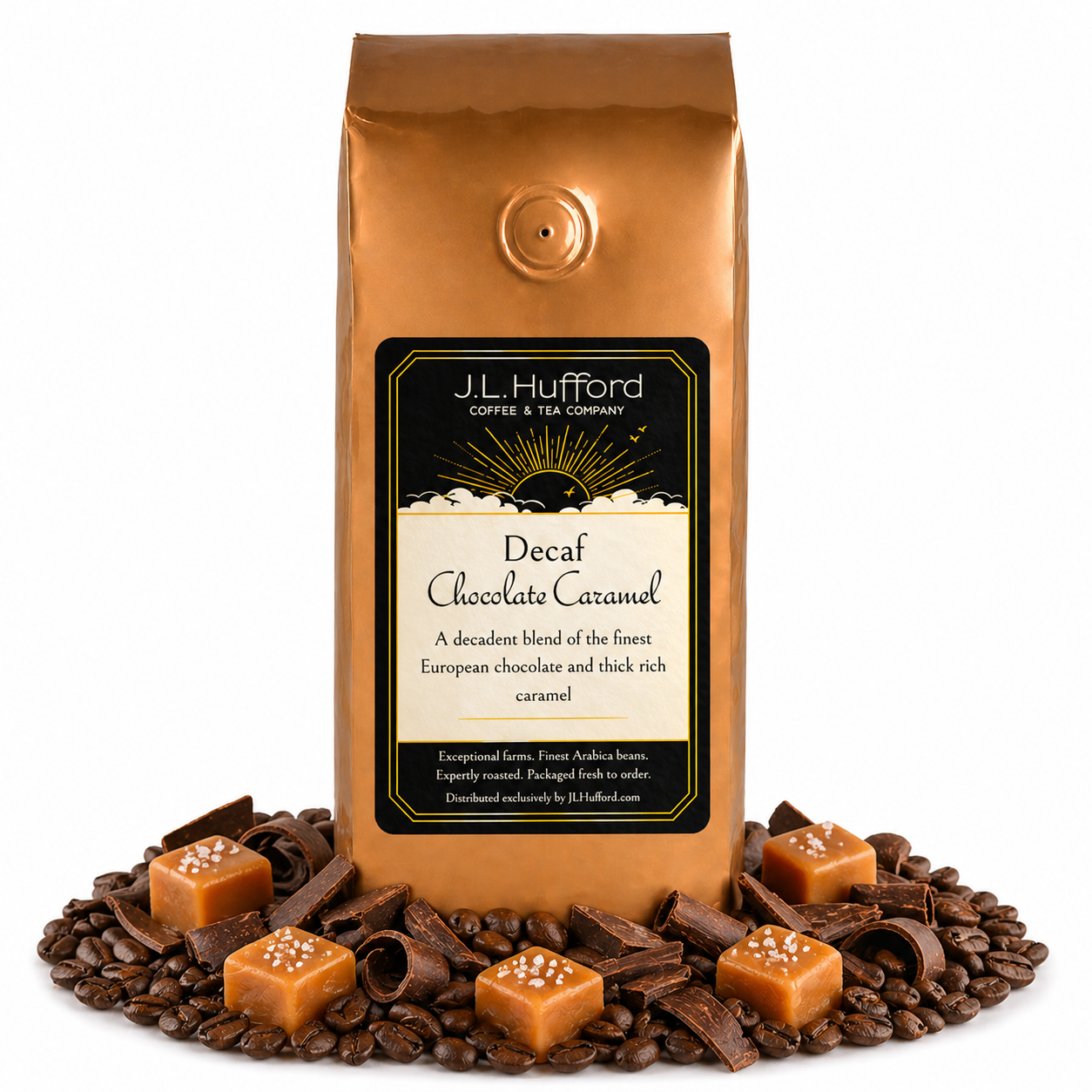 1 lb Decaf Chocolate Carmel coffee beans bag with carmel squares, chocolate flakes, and coffee beans in front displayed on a white background