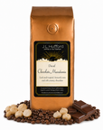 1 lb J.L. Hufford Decaf Chocolate Macadamia Coffee beans bag with coffee beans, chocolate bar, and macadamia in front displayed on a white background