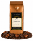 1 lb coffee bag labeled 'Decaf Chocolate Pecan' with chocolate pecan flavor, surrounded by coffee beans, chocolate, and pecans on a white background.