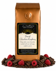 1 lb Decaf Chocolate Raspberry coffee beans bag with chocolate, raspberries, and coffee beans in front displayed on a white background