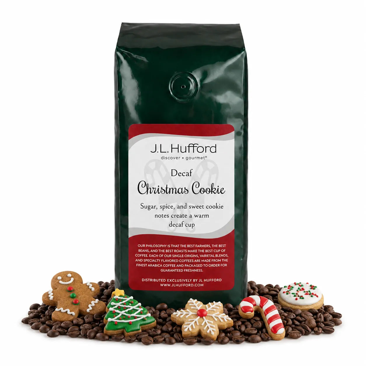 1 lb Decaf Christmas Cookie coffee beans bag with coffee beans and Christmas cookies in front displayed on a white background