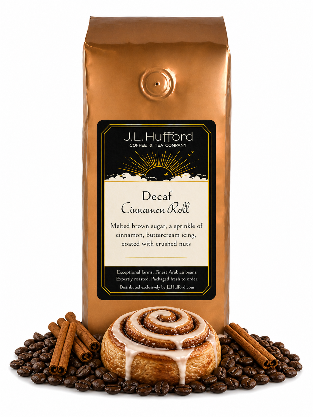 1 lb Decaf Cinnamon Roll coffee beans bag with coffee beans, cinnamon sticks, and cinnamon roll in front displayed on a white background