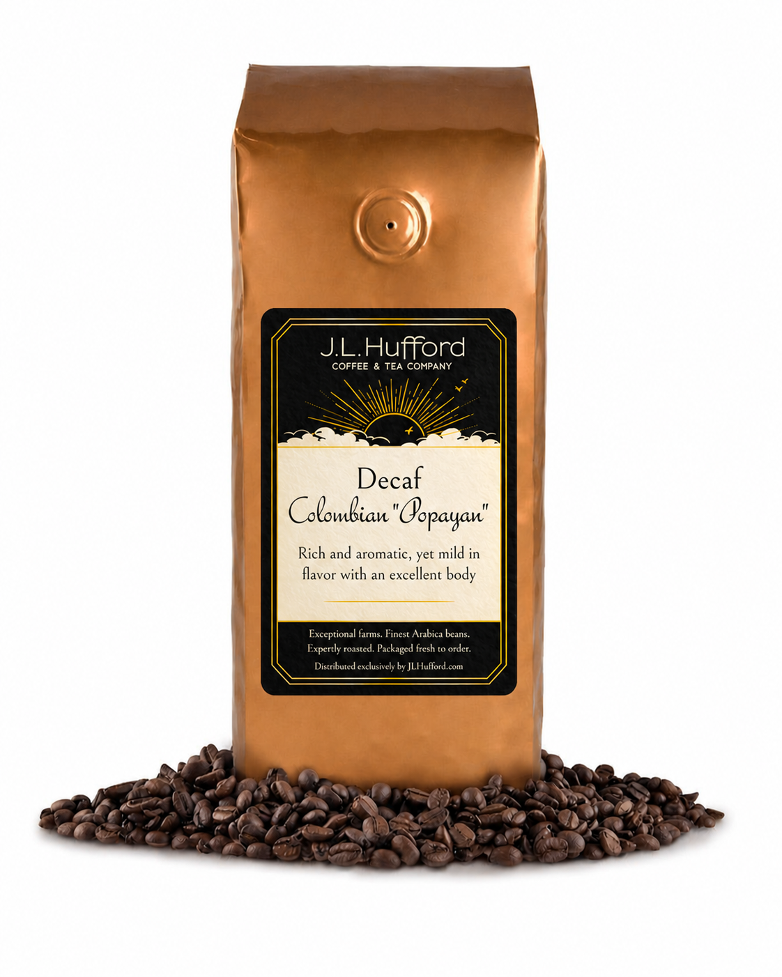 1 lb Decaf Colombian "Popayan" coffee beans bag with coffee beans in front displayed on a white background