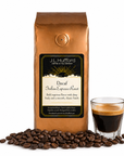 1 lb J.L. Hufford Decaf Italian Espresso Roast coffee bag with coffee beans and a shot of espresso on a white background