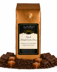 1 lb J.L. Hufford Decaf Midnight Chocolate Dream coffee bag with coffee beans, chocolate, and blocks of caramel on a white background