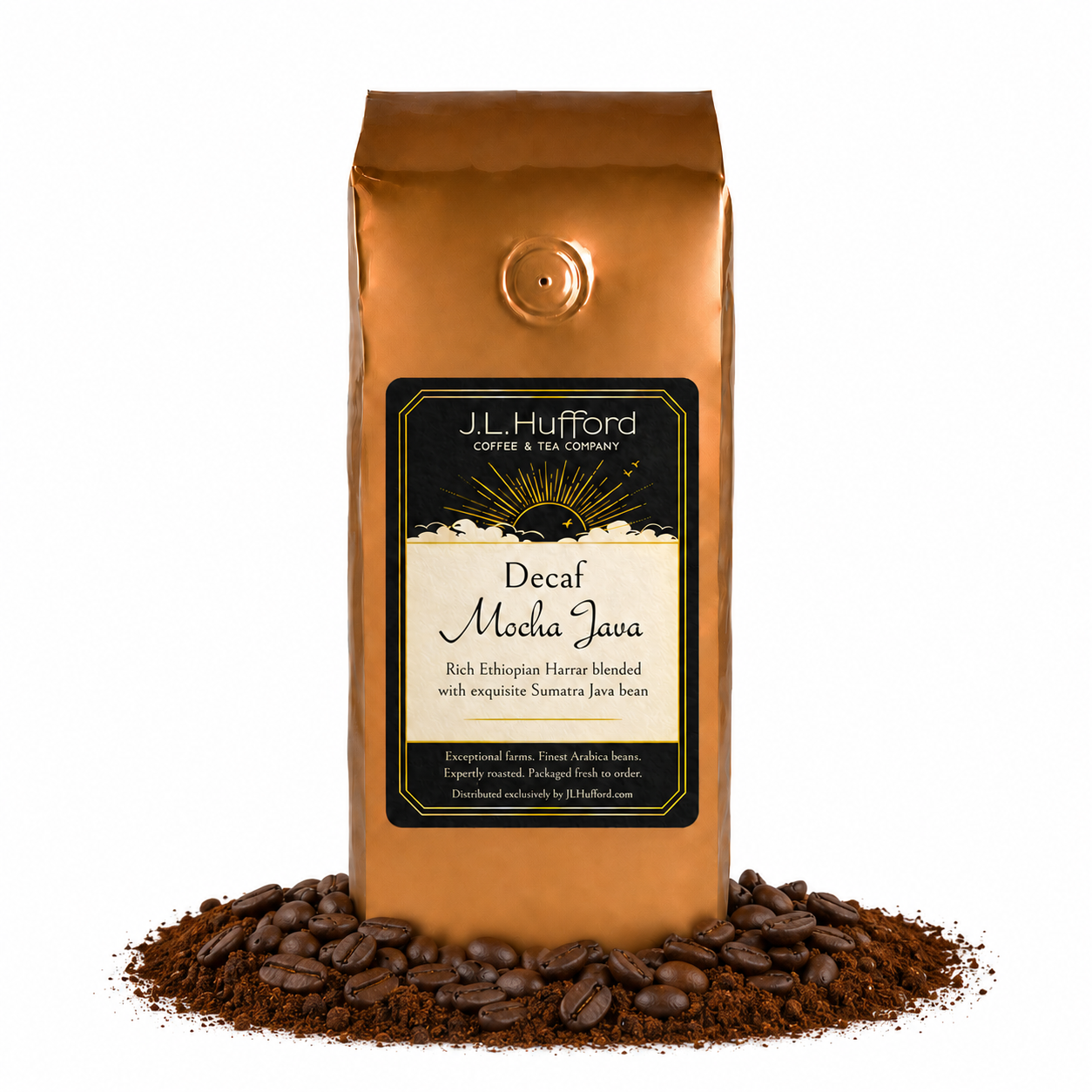 1 lb J.L. Hufford Decaf Mocha Java coffee bag with coffee beans and mocha powder on a white background