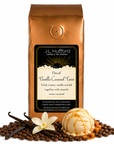 1 lb J.L. Hufford Decaf Vanilla Caramel Twist coffee bag with coffee beans, vanilla sticks, and vanilla caramel twist ice cream on a white background